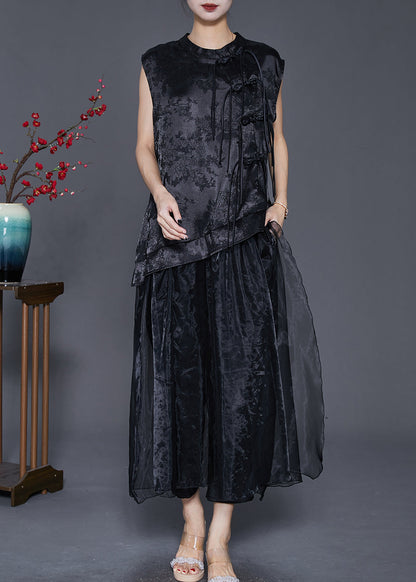 Black Asymmetrical Jacquard Silk Two Piece Set Fall