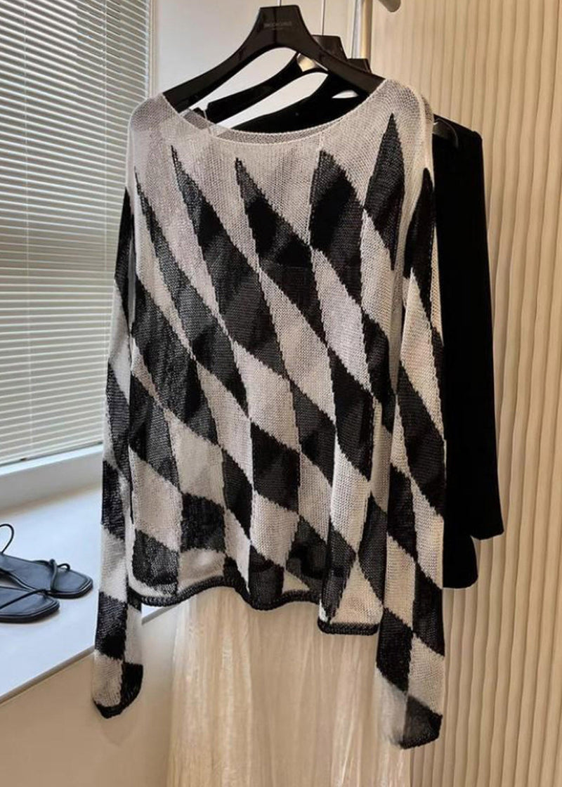 Striped Plaid Slash Neck Knit Top Fall