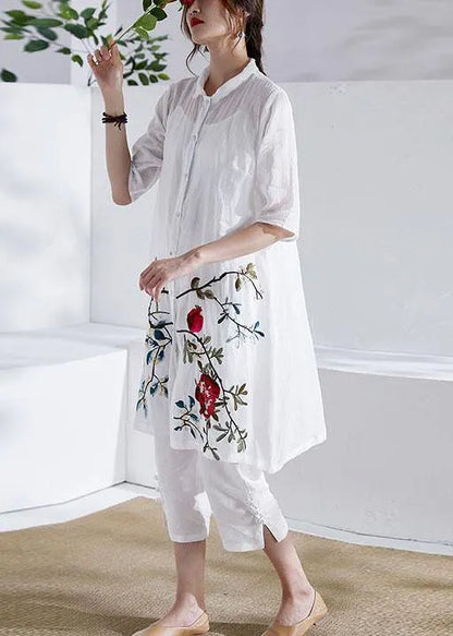 Organic White Button Print Summer Ramie Loose Coat Half Sleeve