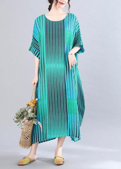 Blue Striped O-neck Short Sleeve Holiday Summer Cotton Dress