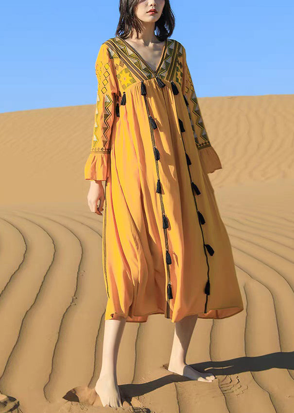 Yellow Embroidered Tasseled Patchwork Cotton Dress Fall