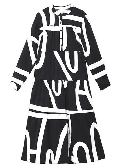 Italian Black Patchwork Button Print Fall Long Sleeve Party Dress