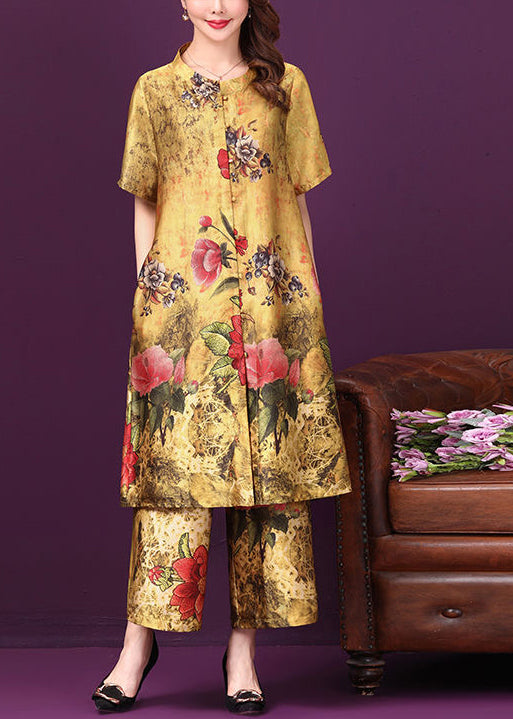 Yellow Stand Collar Pockets Print Silk Two Pieces Set Short Sleeve