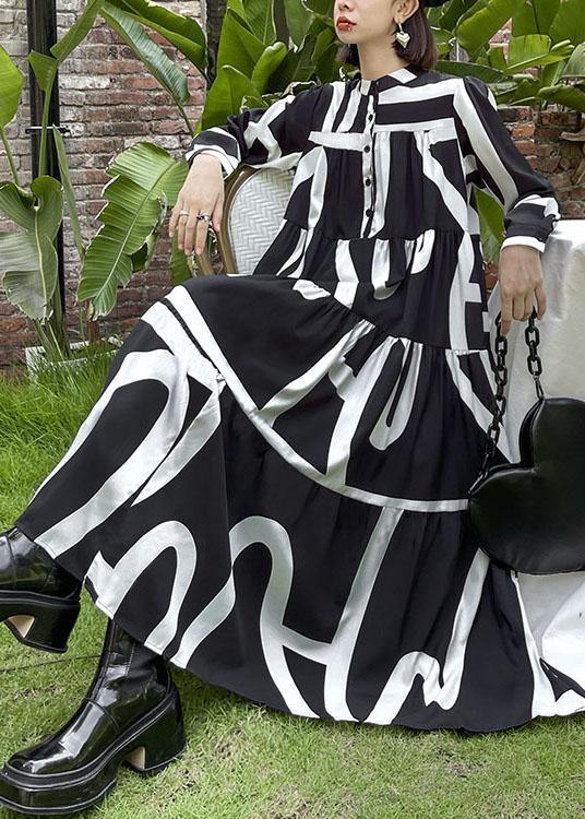 Italian Black Patchwork Button Print Fall Long Sleeve Party Dress