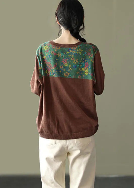 Loose Chocolate O-neck Button Patchwork Print Knit Tops Long Sleeve