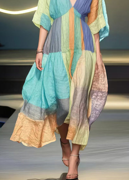 French Rainbow V Neck Patchwork Cotton Holiday Dress Summer