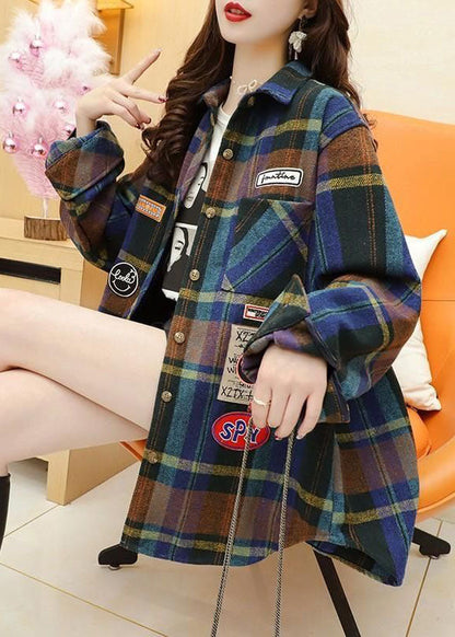 Boutique Blue Peter Pan Collar Button Patchwork Fall Shirts Long Sleeve
