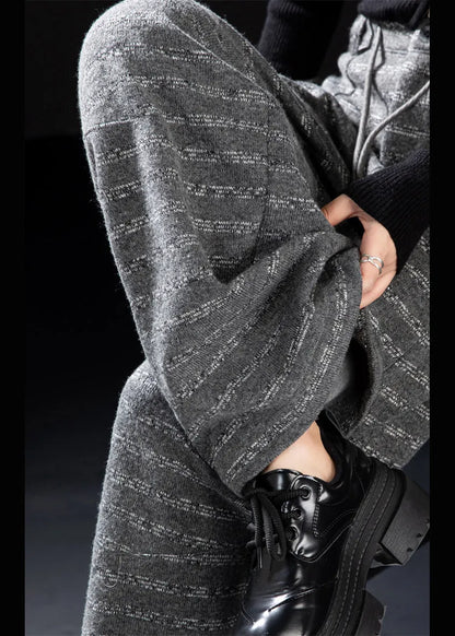 Grey Pockets Striped Woolen Wide Leg Pants Winter