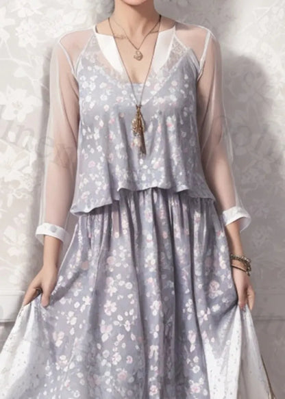 Modern Grey Print Hollow Out Silk Long Dress Summer