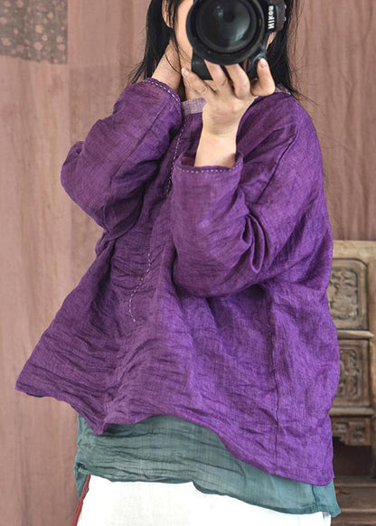Purple O-neck Wrinkled Linen Shirt Spring