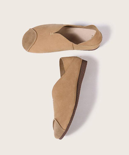 Khaki Cowhide Leather Flats Splicing Flat Feet Shoes