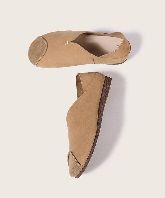 Khaki Cowhide Leather Flats Splicing Flat Feet Shoes