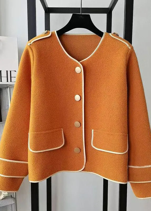 Beige O Neck Pockets Woolen Short Coat Fall