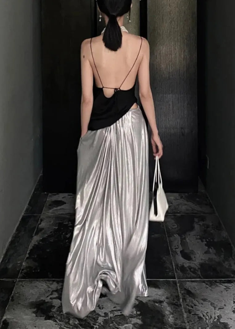 Black Asymmetrical Tops and Silver Pants Cotton Two Pieces Set Sleeveless