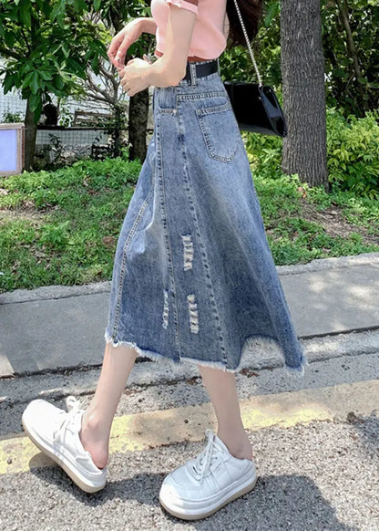 Modern Light Blue Patchwork Ripped a Line Denim Skirt