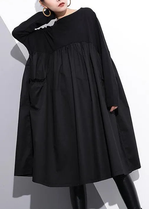 Stylish Black Cotton Shift Dress Cotton Clothing Dress High Waist Patchwork Cotton Dress
