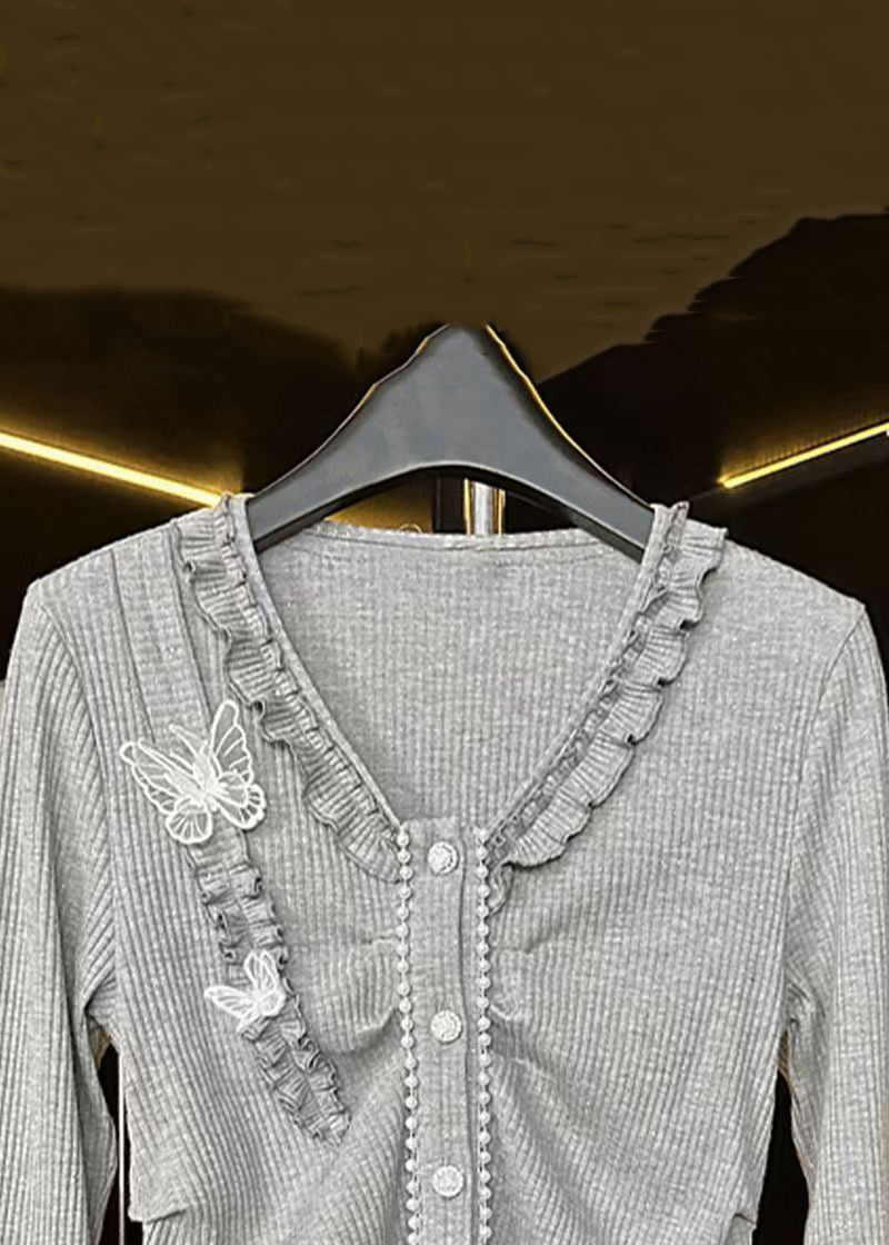 Grey V Neck Ruffled Butterfly Cotton T Shirts Spring