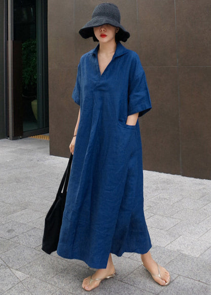 Blue Wrinkled Side Open Linen Dress Short Sleeve Summer