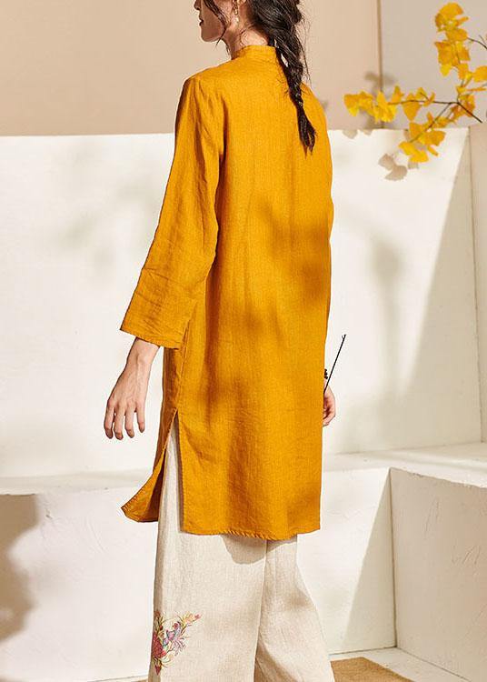 French Yellow Oriental Side Open Summer Linen Top
