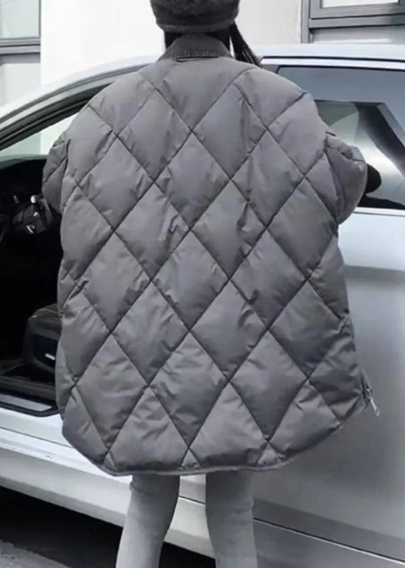 Boutique Grey Peter Pan Collar Pockets Plaid Zippered Puffers Jackets Winter