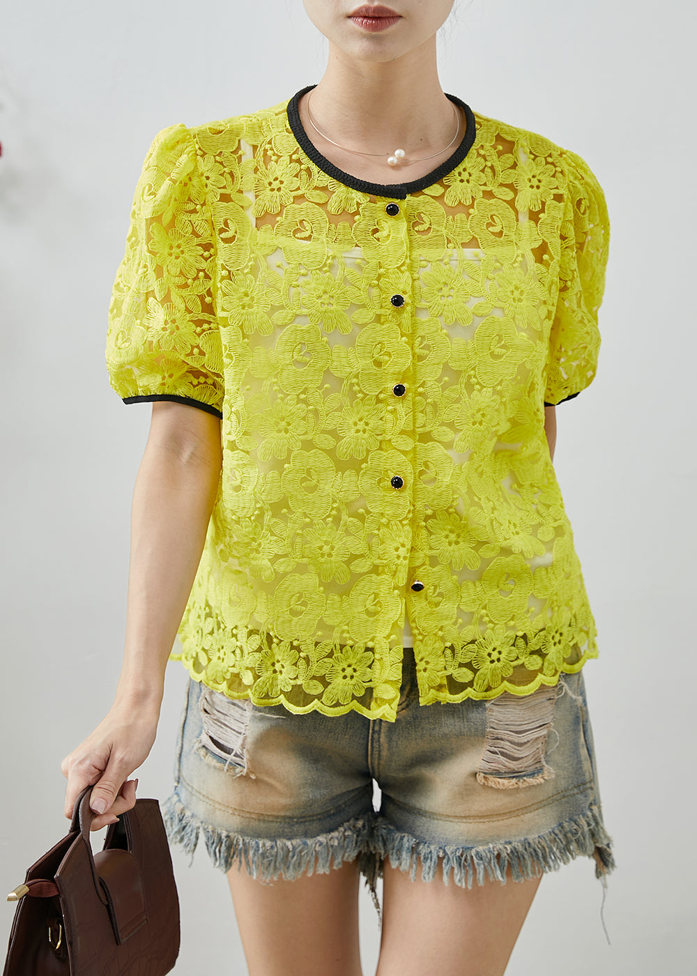 Fluorescent Yellow Embroidered Lace Blouse Top Summer