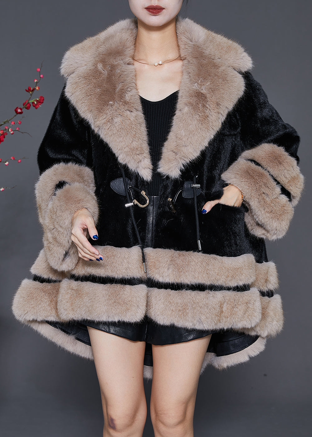 Black Fur Collar Oversized Fuzzy Fur Fluffy Coat Winter