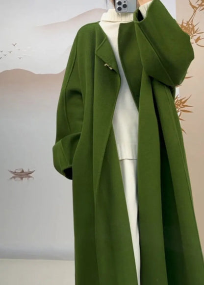 Classy Green O Neck Pockets Woolen Coat Fall