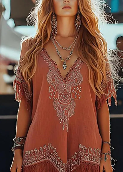 Unique Red Tassel Print Patchwork Cotton Dress Summer