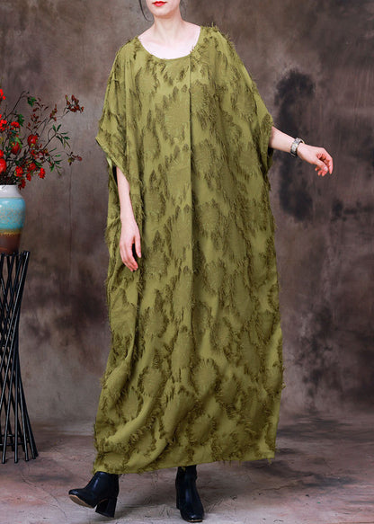 Green O-neck Asymmetrical Print Woolen Long Dress Batwing Sleeve