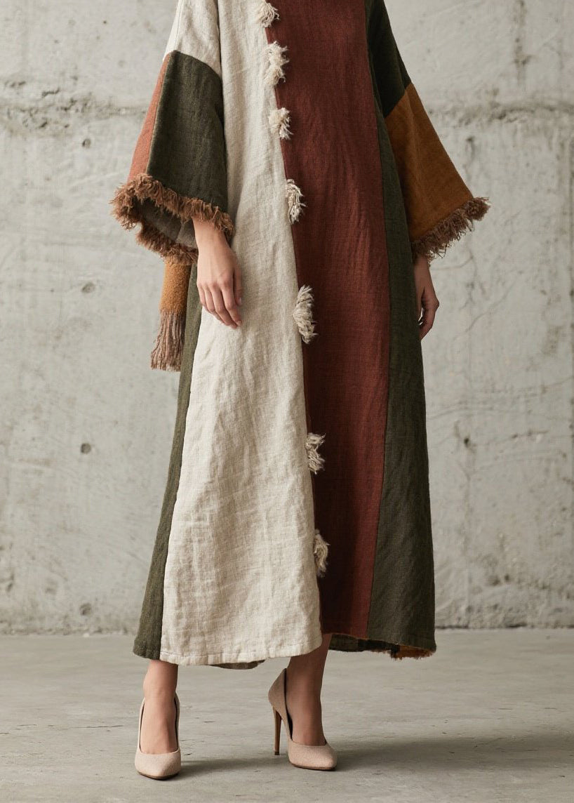 Colorblock Tassel Patchwork Cotton Long Dresses Fall