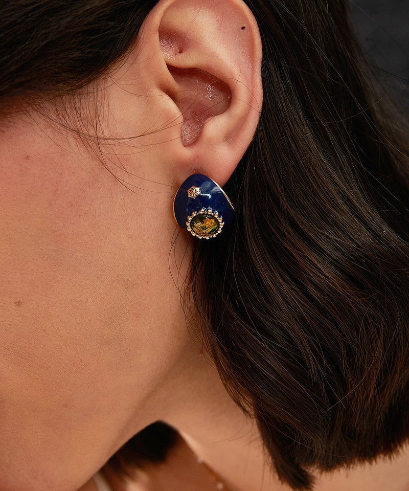 Retro Royal Blue Sterling Silver Overgild Enamel Resin Hoop Earrings