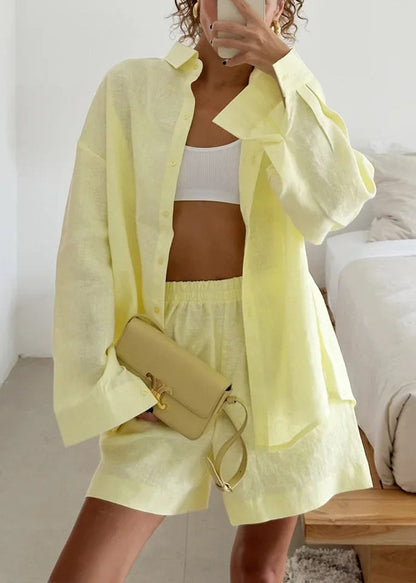 Simple Yellow Peter Pan Collar Cotton Two Piece Set Summer