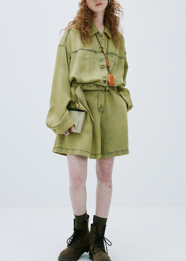 Yellow Green Peter Pan Collar Denim Jumpsuit Long Sleeve