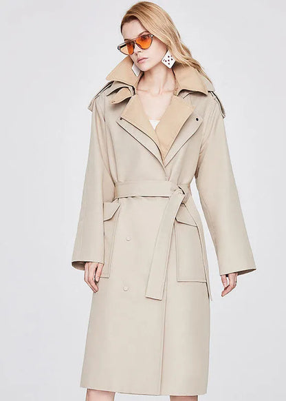 Fitted Khaki Double-layer Collar Patchwork Cotton Fake Two Piece Single Breasted Trench Spring