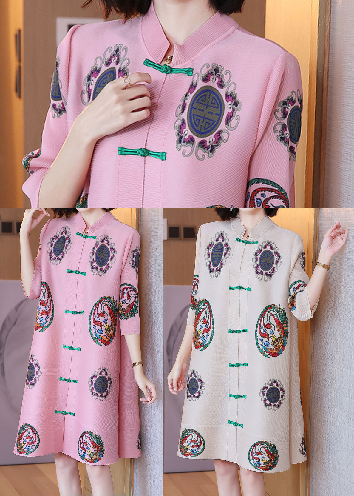Pink Stand Collar Print Chiffon a Line Dress Half Sleeve