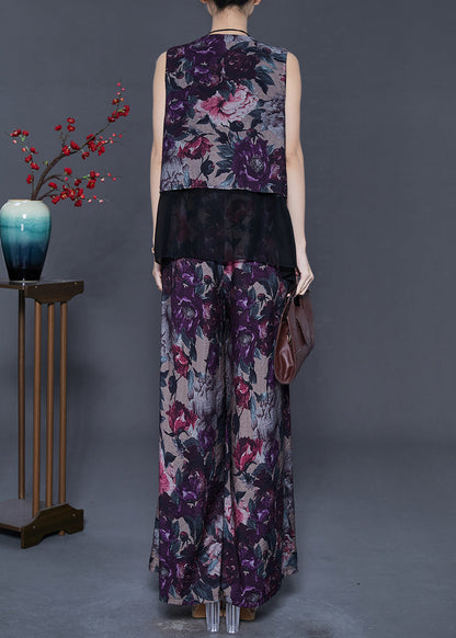 Purple Print Patchwork Linen Two Piece Set Outfits Summer