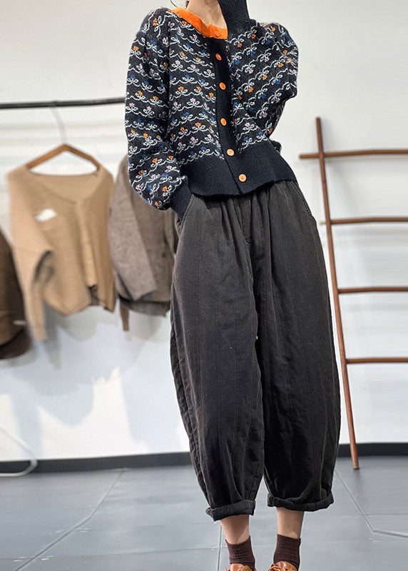 Black O-neck Jacquard Patchwork Knit Cardigans Winter