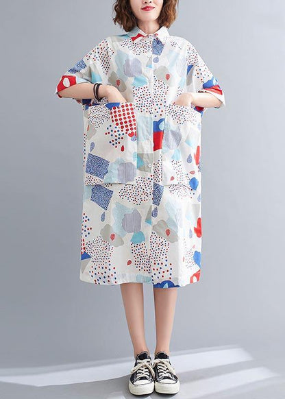 French Blue Print Cotton Long Shirts Summer Dress