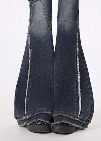 Navy Tasseled Patchwork Pockets Denim Flare Bottoms Pants Spring