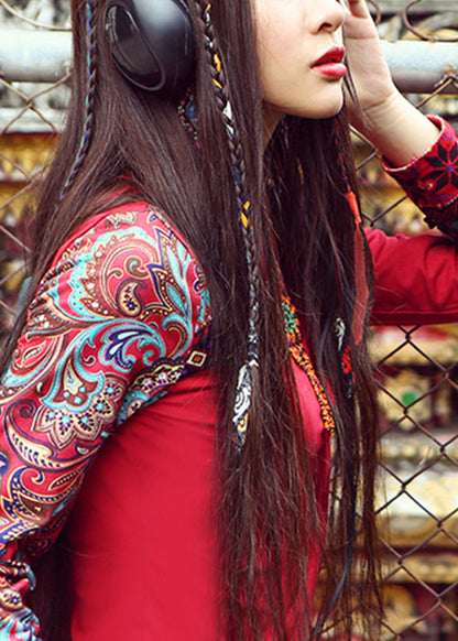 Red Turtleneck Print Cotton Tops Spring