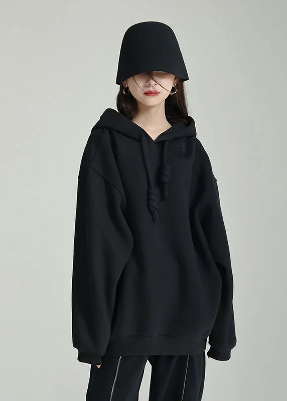 Black Hooded Patchwork Warm Fleece Sweatshirts Tracksuits Winter