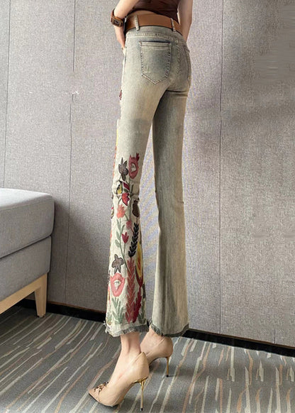 Embroidered Pockets Denim Flare Bottoms Spring