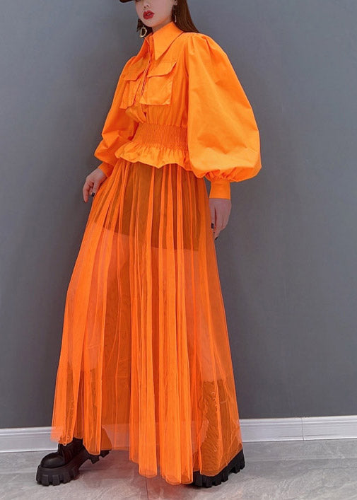 Orange Peter Pan Collar Elastic Waist Pocket Tulle Patchwork Shirt Dress Lantern Sleeve