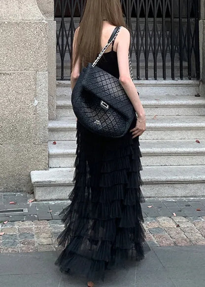 New Black Wrinkled Tulle Spaghetti Strap Dress Sleeveless