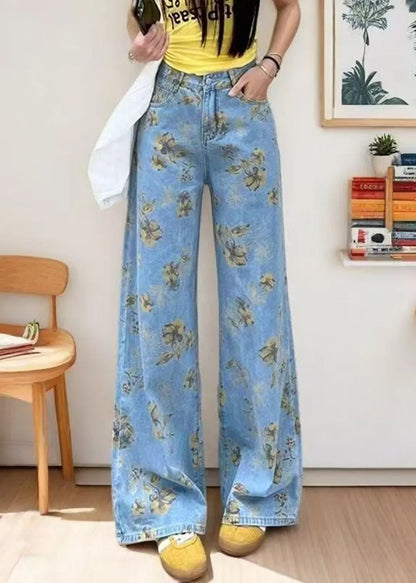 Diy Light Blue Oversized Print Denim Straight Pants Fall