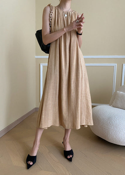 Holiday Style Purple O Neck Wrinkled Linen Dresses Sleeveless