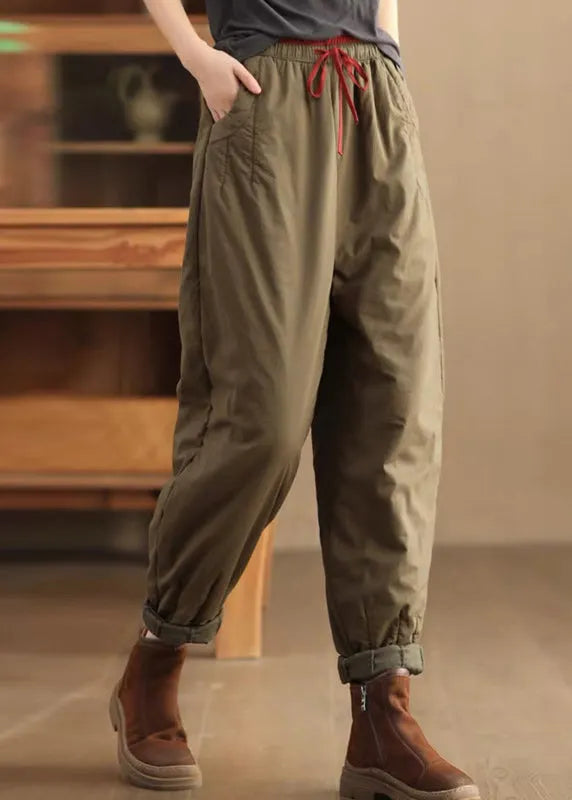 Loose Coffee Pockets Elastic Waist Fine Cotton Filled Pants Winter