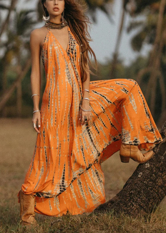 Orange V Neck Print Chiffon Spaghetti Strap Dress Summer
