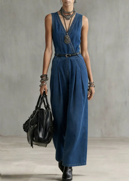 Stylish Denim Blue V Neck Tunic Sashes Jumpsuit Sleeveless