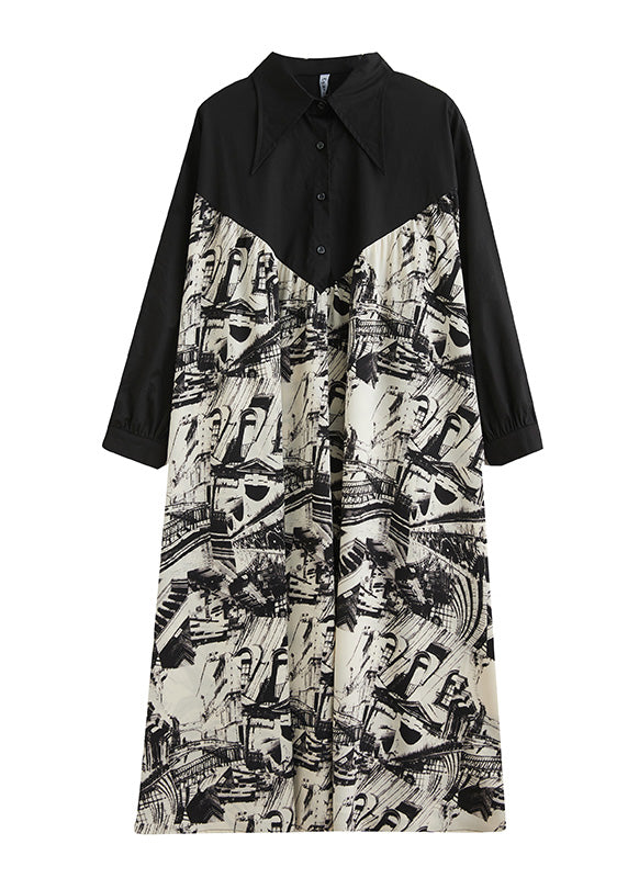 Black Peter Pan Collar Print Patchwork Button Maxi Dress Long Sleeve